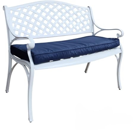 Lazy Susan Jasmine Metall Gartenbank 2-Sitzer | Wetterfeste Gartenbank | Gusseisen-Aluminium | Rostfrei | 3 Jahre Garantie (Weiß, Blau Kissen)