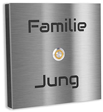 Jung Edelstahl Design Türklingel Bochum - Klingel V2A Edelstahl - incl. Gravur - LED Taster wählbar - Aufputz/Unterputztürklingel (Edelstahl, 12x12 cm)