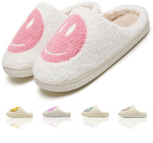 KNUAKA Cute House Slippers for Women Men with Memory Foam Retro Happy Face House Shoes Cozy Indoor Outdoor Fuzzy Plush Slip on Comfy Trendy Slippers(pink,38/39)