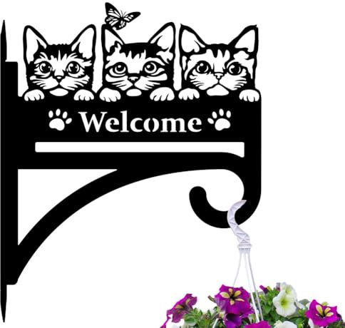 peacoblue Ganchos de Hierro para Plantas Colgantes para Uso Interior y Exterior, Comederos de Aves, Soporte de Metal Resistente a la Intemperie de 12x15 para Porche(Gato con Bienvenida)