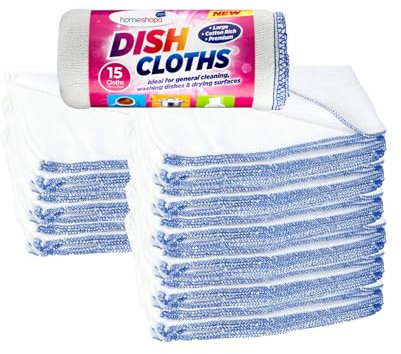 HOMESHOPA Large Dish Cleaning Cloth, 15 Pack Cotton Super Absorbent White Kitchen Washing Up Dishcloth, Extra Soft & Thick Reusable Tea Towels Washcloths, 35 X 35cm