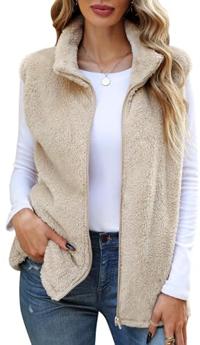 Yuson Girl Gilet Polaire Femme Sans Manches Chaud Manteau Automne Hiver Sherpa Gilets Couleur Unie Veste en Fourrure et Légère Décontractée Gilet Sans Manches avec Poches(Kaki, S)