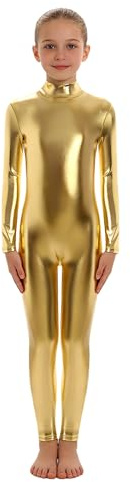 Agoky Metallisk gymnastikdräkt för flickor, långärmad gymnastikdräkt, sport, body, helkroppsdräkt, balett, tröja, dans, jumpsuit, overaller, fitness, yoga, leotard, Guld, 116-128