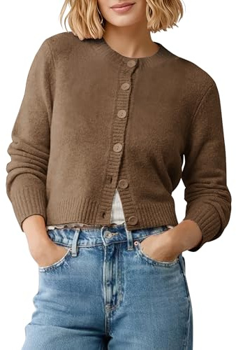 EXCHIC Donne Cozy Maniche Lunghe Apri Fronte Corto Cardigan Adatta Slim Collo Rotondo Pulsante Giù Maglione Giacca(XL, caffè Erica)