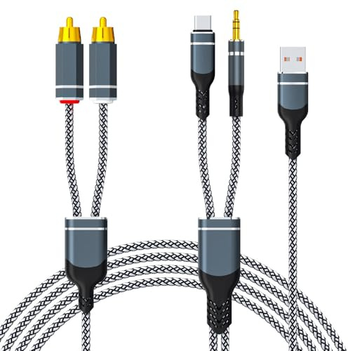 Berfea Câble RCA, USB C vers 2 RCA AUX, jack 3,5 mm 1/8 vers RCA mâle adaptateur stéréo, avec fonction de charge USB pour voiture, haut-parleur, amplificateur, caisson de basses, home cinéma et HiFi