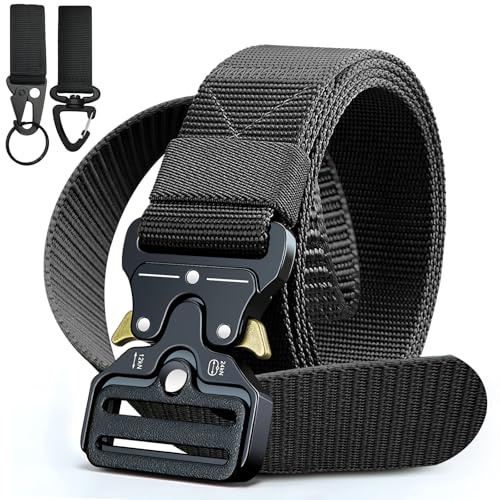 Mens Tactical Belt-Military Style Quick Release Heavy Duty Nylon Belt with Metal Buckle, Adjustable Utility Belt Waist Webbing for Outdoor, Camping, Hiking, Work - Durable & Gift Ready with Hook