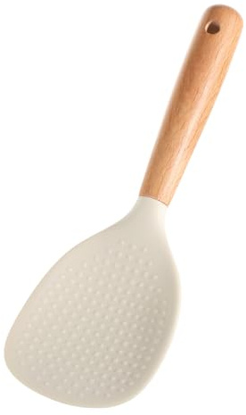 Cuchara de arroz, cuchara de arroz de silicona antiadherente con asas de madera, pala de arroz para el hogar para cocina, resistente al calor, antiquemaduras, servidores duraderos de arroz y patatas
