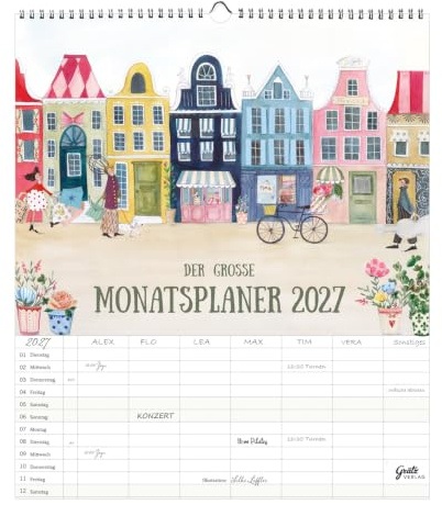 Großer Monatsplaner 2027 – Wandkalender mit 7 Spalten: Häuser | 14 Monate, 40 × 47 cm, Spiralbindung mit integrierter Aufhängung