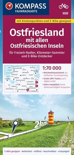 KOMPASS Fahrradkarte 3322 Ostfriesland mit allen Ostfriesischen Inseln mit Knotenpunkten 1:70.000: reiß- und wetterfest mit Extra Stadtplänen