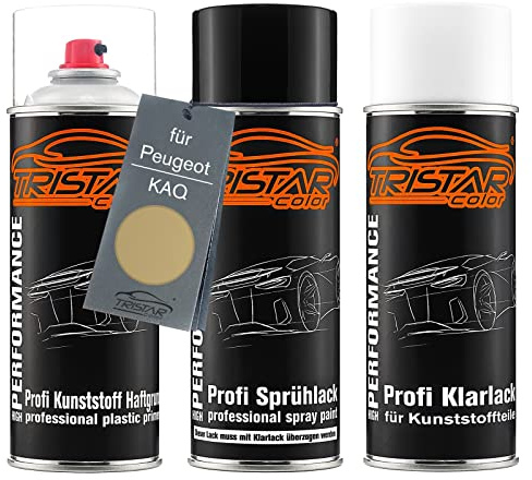 TRISTARcolor Autolack Spray Kunststoff für Peugeot KAQ Jaune Anodise Metal. | Jaune Anodise Metallic, Sprühdosen-Set für Stoßstange/Plastik, Kunststoff-Haftgrund + Basislack + Klarlack