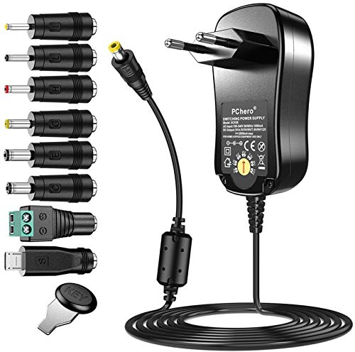 AC/DC Adaptateur Secteur Universel, PChero 24W Alimentation à Découpage avec 8 Connecteurs DC, y Compris une Prise Micro USB pour 3 / 4,5/ 5 / 6 / 7,5 / 9 / 12V l'électronique Domestique - 2000mA Max.