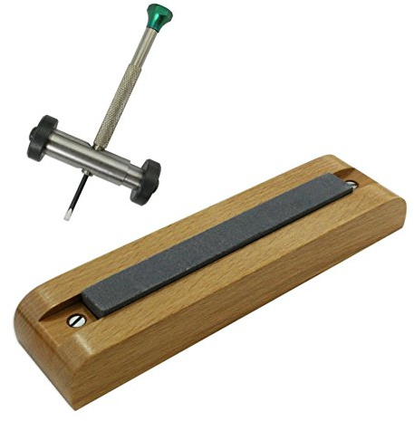 Uhrenreparatur-Set, Uhrmacherwerkzeug, Schraubendreherhalter und Schleifstein mit Holzsockel