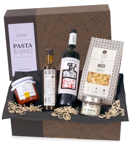 Geschenk-Set Pasta und Vino, Geschenkkorb mit Pasta und Rotwein | Handgemachte Premium-Pasta, Tomatensauce und spanischer Rotwein, mediterrane Geschenkidee zu Geburtstag und Dankeschön