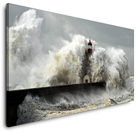 Sturm und Leuchtturm 120x 60cm Panorama Leinwand Bild XXL Format Wandbilder Wohnzimmer Wohnung Deko Kunstdrucke