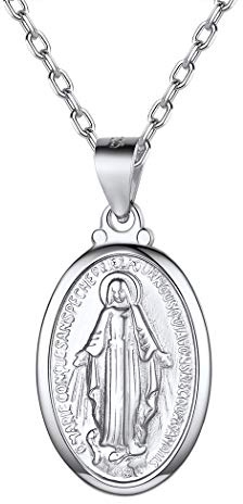 Suplight 925 Sterling Silver Oval Virgin Mary Miraculous Medal Necklace Catholic Religious Coin Necklaces for Women Virgin Marie Pendant