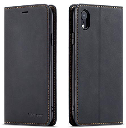 EYZUTAK Hülle für iPhone XR, Magnetverschluss Premium PU Leder Flip Case mit Kartenfächern Brieftasche Standfuntion stoßfeste Silikonhülle Retro Ledertasche - Schwarz