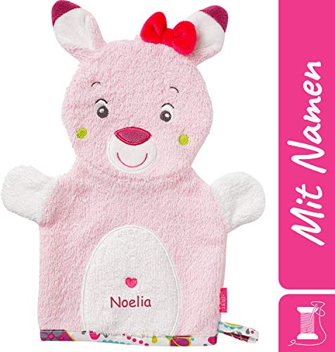 FEHN Kinder/Baby Rehkitz Waschhandschuh mit Namen bestickt und Tiermotiv, Waschlappen personalisiert zur Geburt, Taufe oder als Geschenk zum Geburtstag, ab 0+ Monaten, Rosa Mädchen
