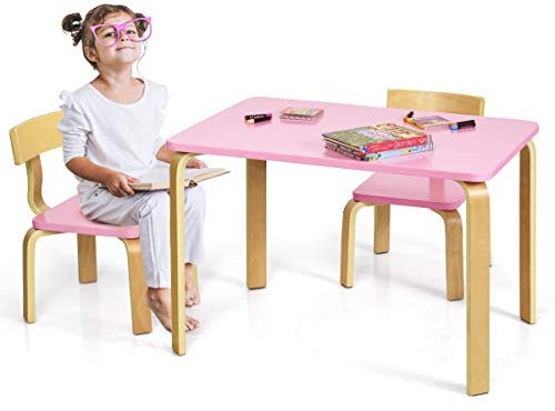 GOPLUS Barnstolsgrupp av trä med 1 barnbord och 2 stolar, barnmöbler med rundade hörn och kanter, barnbord och stolar för hem, klassrum, dagis (rosa)