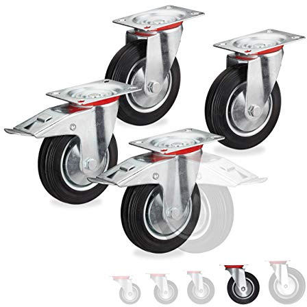 Relaxdays Schwerlastrollen 4er Set, drehbar, Kugellager, schwarz | 2 Rollen mit Bremse, Tragkraft bis 400kg, Rad D: 160mm