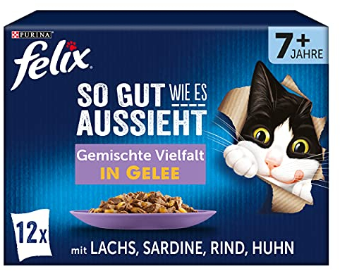 FELIX So gut wie es aussieht Senior Katzenfutter nass in Gelee, Sorten-Mix, 6er Pack (6 x 12 Beutel à 85g) Rind, Lachs, Huhn Sardine