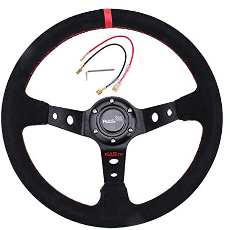 Hpory Volant sport de 13 pouces - Volant de course 6 boulons - Universel - En daim - Cadre en aluminium - Kart - Antidérapant