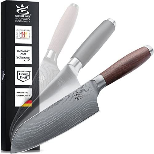 SOLINGEN PREMIUM MYII | Santoku Messer/Damastmesser | Scharfes Profi Küchenmesser, made in Germany, eisgehärteter Damaststahl VG10 mit ergonomischem Nussbaum - Holzgriff…