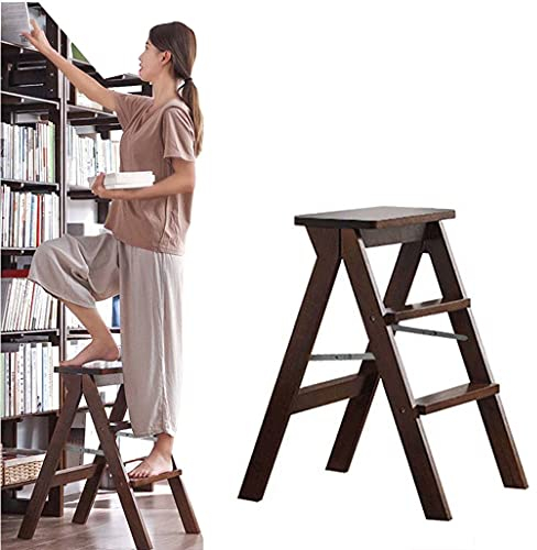 Holz Tritthocker 3 Stufen Klappbar Stehleiter Für Küche, Bibliothek, Musikzimmer, Faltbar Und Tragbar, Naturkautschukholz, 150 Kg Belastbar, Braun/Holzfarbe