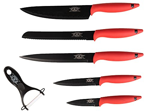 AMC Set di coltelli modello ceramica pelapatate colore rosso 6 pezzi in ceramica di alta qualità, set coltelli forma ergonomica e lama affilata design tedesco superficie con tecnologia antibatterica
