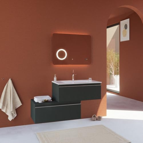 Kiamami Valentina Mobile Bagno Sospeso 120 Cm Grigio Scuro 2 Cassetti | Con lavabo in ceramica, specchio led 60x80 cm, cassetti sfalsati, MDF certificato FSC, finitura tessuto