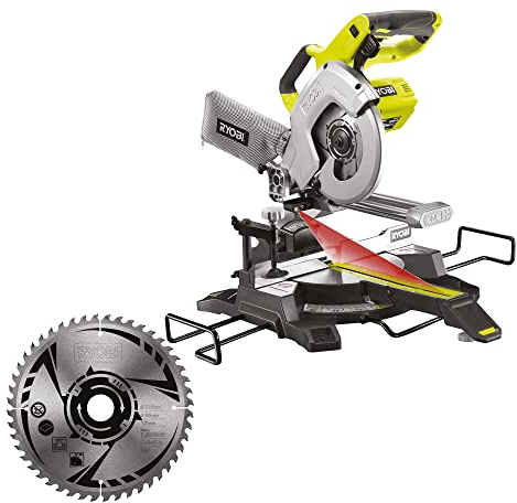 Lot de RYOBI - Scie à Onglets Radiale 216 mm à Batterie 18V ONE+ - Capacité 70 x 270 mm à 90° - Guidage Laser - Livrée avec 2 Lames 48 Dents, 1 Sac à Poussière, Sans Chargeur ni Batterie - R18MS216-0