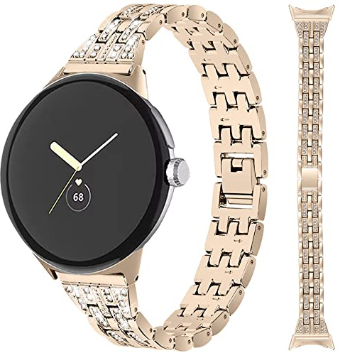 Miimall Metall Armband Kompatibel mit Google Pixel Watch 2/1 Armbänder, Glitzer Bling Strass Diamant Damen Metall Ersatz Band für Google Pixel Watch 2 2023/ Pixel Watch 2022-Gold
