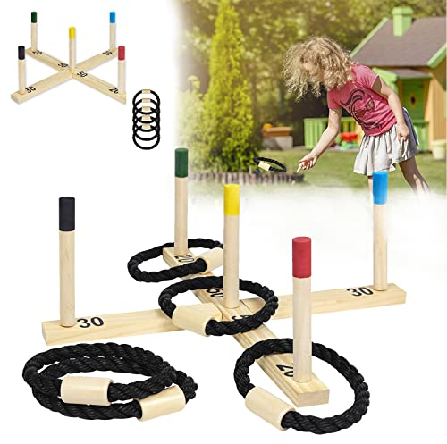 YUENFONG Wurfspiel Ringwurfspiel Garten Spiele für Kinder und Erwachsene Outdoor & Indoor Werfen Spiel 1 Wurfkreuz, 5 Wurfringe und 5 Spielstäben Ring Wurfspiel Gartenspiele