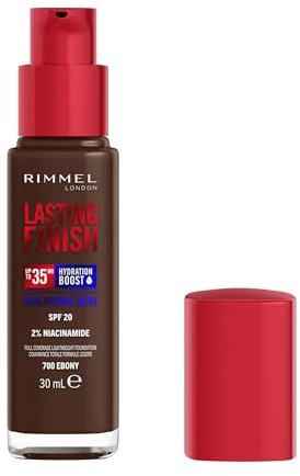 Rimmel Lasting Finish 35Hr Foundation, 700 Ebenholz, volle Abdeckung, feuchtigkeitsspendend, LSF20, Hyaluronsäure, Vitamin E, 2% Niacinamid, ganztägig, vegan, tierversuchsfrei