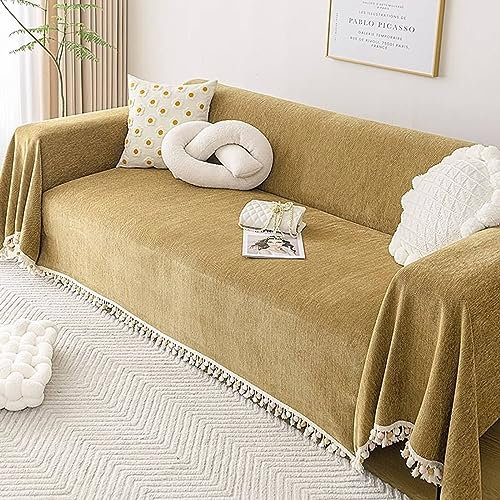 Homxi Sofabezug Ecksofa 4 Sitzer,180x400CM,Couch Überzug Einfarbig mit Quaste Überzug Sofa Chenille Handtuch Sofa Khaki Gelb Couch Überzug