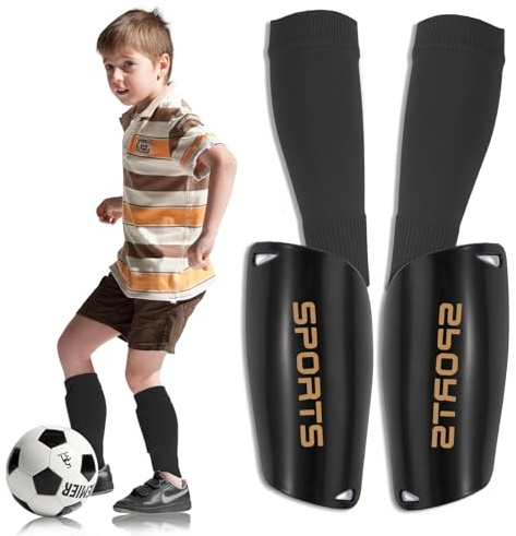 Football Shin Pads with Sleeves For Kids, Football Shin Guards and Elastic Shin Pad Sleeves for 4-8 Years Boys Girls, Football Games Leg Calf Protective Gear Reduce Shocks and Prevent Injuries, Black