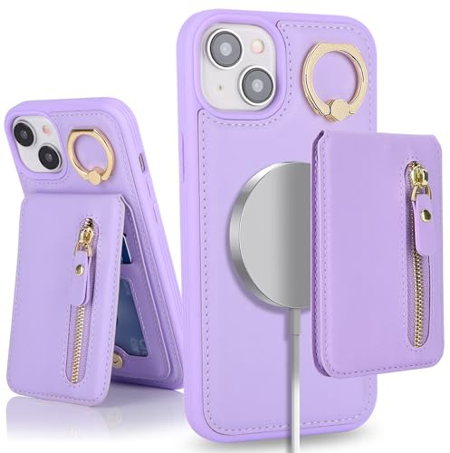 SailorTech Phone Case for iPhone 14 with Card Holder, Ring Stand, Kickstand Card Slots Wallet and Detachable 2-in-1 Zipper Cover - Purple