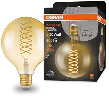 OSRAM Vintage 1906® Classic GLOBE125 FIL 60 LED-Lampe mit Sockel 27, dimmbar, Kugelform, gold, 8,4W, 806lm, 2400K, reduziertes warmweißes Licht, geringer Verbrauch, lange Lebensdauer