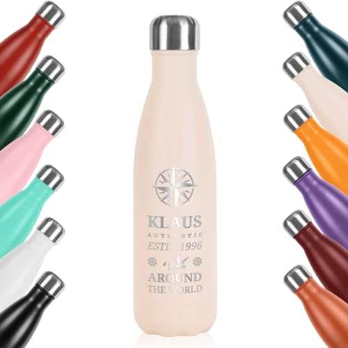 polar-effekt Edelstahl Trinkflasche in creme 500 ml mit Gravur - Wasserflasche für Frauen und Männer - ideal für Kaffee, Wasser und Saft - Kohlensäure geeignet