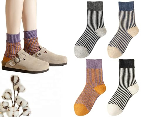 CHUNFO Womens Strip Ankle Socks Cute Athlete Ribbed Colorful Slouch Crew Cotton Casual Sock Size5-10.5