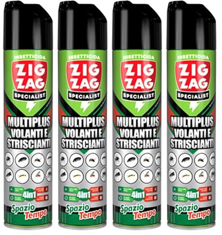 Zig Zag Insetticida Spray MULTINSETTO VOLANTI E STRISCIANTI, Spazio Tempo, Ad Azione Rapida Nello Spazio e Lunga Persistenza Nel Tempo. Formula Senz'Acqua, Non Bagna e Non Macchia 600ml (4 Spray)