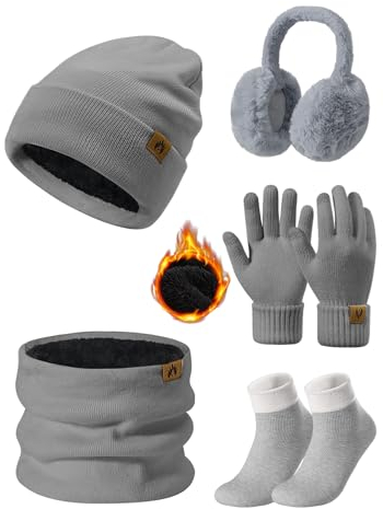 UMIPUBO Knitted Hat and Scarf Set 5 PCS Thermal Winter Sets Warm Plush Ear Warmers Knitted Scarf Beanie Hat and Touch Screen Gloves Set Ski Women Outing Earmuffs Socks Set for Outdoor Sports, Grey