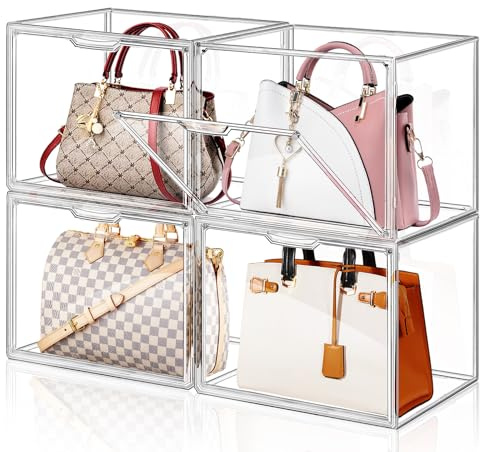 4 Packungen Transparente Handtaschen-Aufbewahrungs-Organizer für Schrank, Acryl-Displaybox für für Geldbeutel und Handtaschen, stapelbare Aufbewahrungsboxen, Taschen-Organizer mit magnetischer Tür