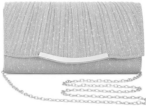 Shengxi Clutch Bolso de Noche Mujer Elegantes Bolsas de Embrague Brillante con Cadena Desmontable Boda Ceremonia Novia Cartera de Mano Bolso Fiesta Plata para Bodas Fiestas Ocio