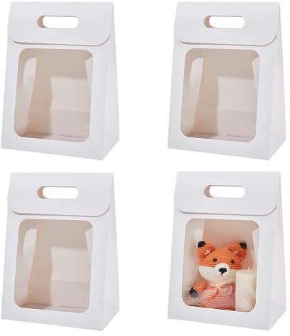 NBEADS 12 Stück Kraft Papiertüten mit Fenster, Stand Up Papiertüte 21.5x13x30cm Falttasche für Süßigkeiten Kekse Verpackung Hochzeit Laden Einzelhandel, Weiß
