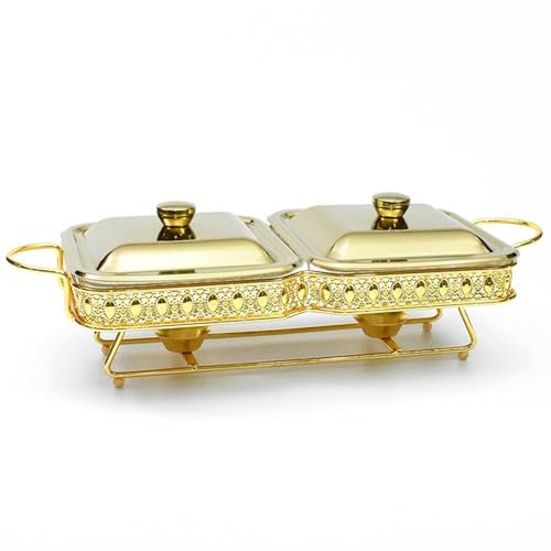Chafing Dish Buffet Chafer 2x1,6 QT Buffet-Servierplatten und -wärmer Chafing-Servierplatten mit Abdeckungen Multi-Szenario-Trockentopf-Heizgerät für Hochzeiten Cafeteria Bankett Picknick Urlaub,Gol