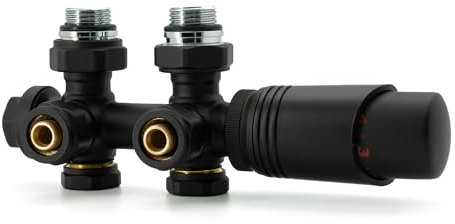 Vancoco Valvola Radiatore Angolare Valvole per Radiatori con Blocco H Connessioni Centrali da 50 mm Universale Valvola Radiatore Con Testa Termostatica Valvola per Termosifone Nero