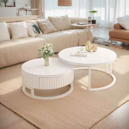 Vitt Nesting Soffbord Set Om 2 Boho Runt Med Träförvaringslåda Mid Century Modern För Vardagsrum - Marmorskiva Och Robust Metallram Enkel Montering