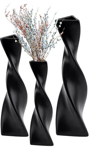 Juego de 3 jarrones negros decorativos, jarrones decorativos de hierba de las Pampas, jarrones de flores secas, jarrón de flores para salón, cocina, mesa de comedor, boda o como decoración de regalo