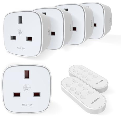 UCOMEN Remote Control Plug Socket, Wireless Remote Control Light Switch with 30m/100ft Operating Range,Socket UK 13A/3120W,5 Pack Sockets and 2 Remotes