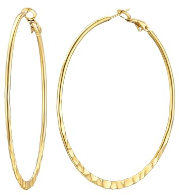 FOCALOOK Boucles d'Oreilles Créole Argent/Plaqué Or/Noir Femme Anneau 30/40/60/80 mm en Acier Inoxydable, Clous Oreilles à Motif de Marteau Plat Hoop Ear Bijou Cadeau avec Boîte